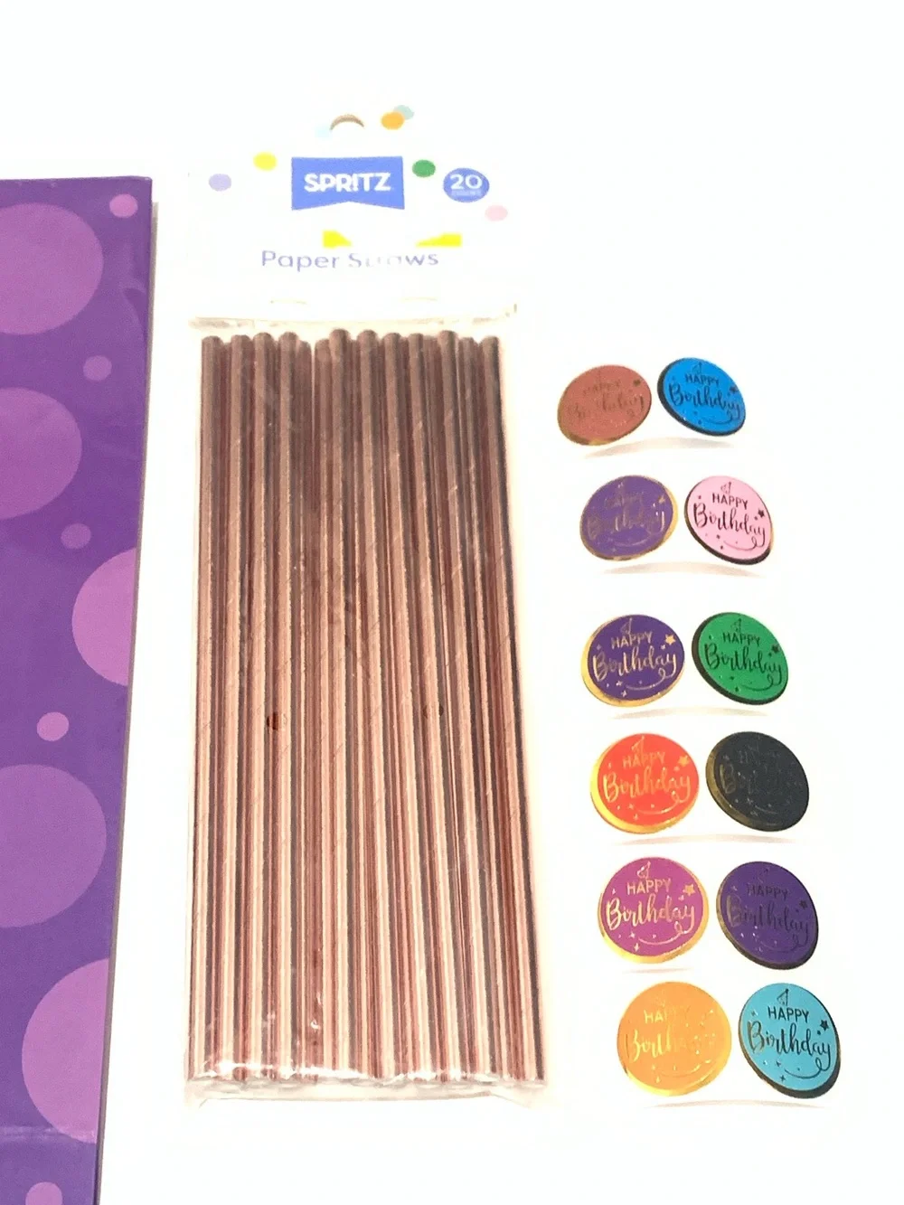 Purple Polka Dot Gift Bag with Rose Gold Party Straws and Birthday Stickers